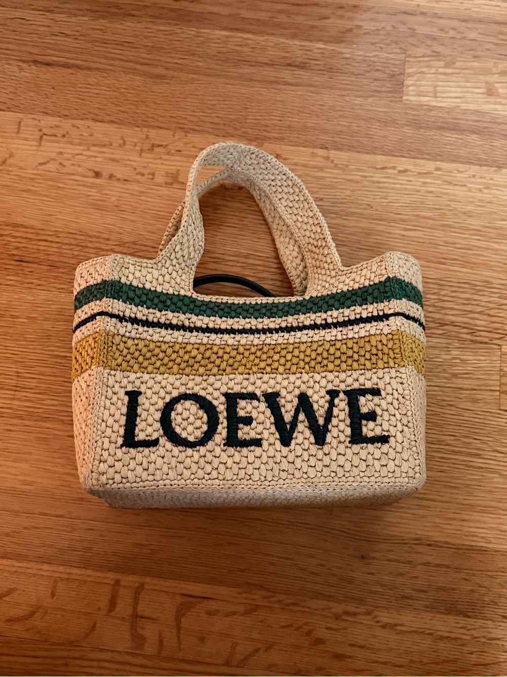 Loewe Raffia Ibiza Small Tote with Green and Yellow Stripes